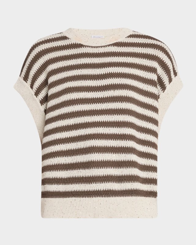 Striped Cap-Sleeve Paillette Knit Sweater